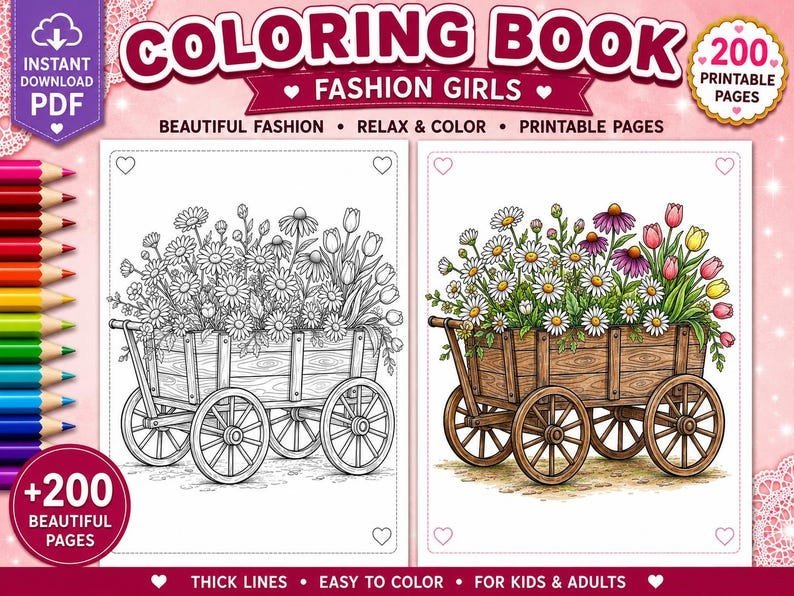 200 Potted Flowers Coloring Pages, Botanical Coloring Book, Printable Floral Coloring Pages, Adult Coloring Book, Instant PDF Download