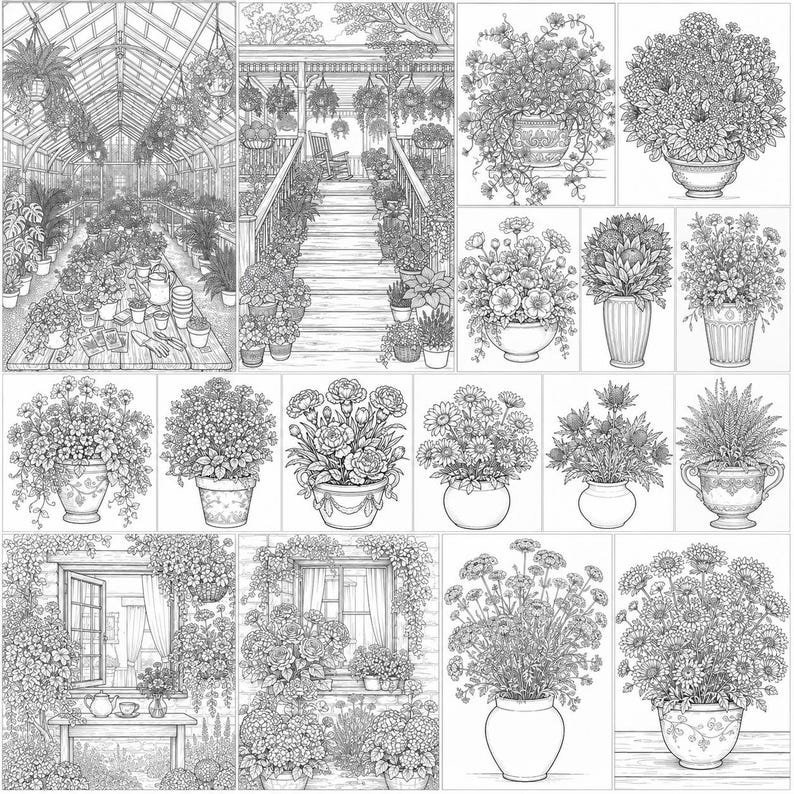 Potted Flowers Coloring Pages, 200 Printable Botanical Coloring Book, Light & Dark Floral Designs, Adults Teens PDF Instant Download