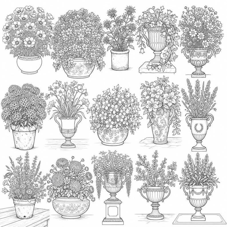 Potted Flowers Coloring Pages, 200 Printable Botanical Coloring Book, Light & Dark Floral Designs, Adults Teens PDF Instant Download