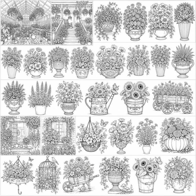 Botanical Coloring Book, 200 Potted Flower Coloring Pages, Floral Garden Coloring for Adults, Printable Coloring Pages PDF Download