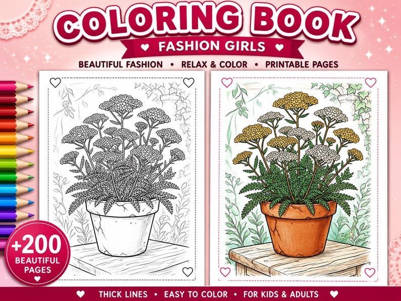 Botanical Coloring Book, 200 Potted Flower Coloring Pages, Floral Garden Coloring for Adults, Printable Coloring Pages PDF Download