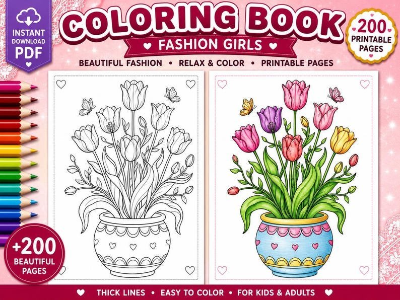 Botanical Coloring Book, 200 Potted Flower Coloring Pages, Floral Garden Coloring for Adults, Printable Coloring Pages PDF Download