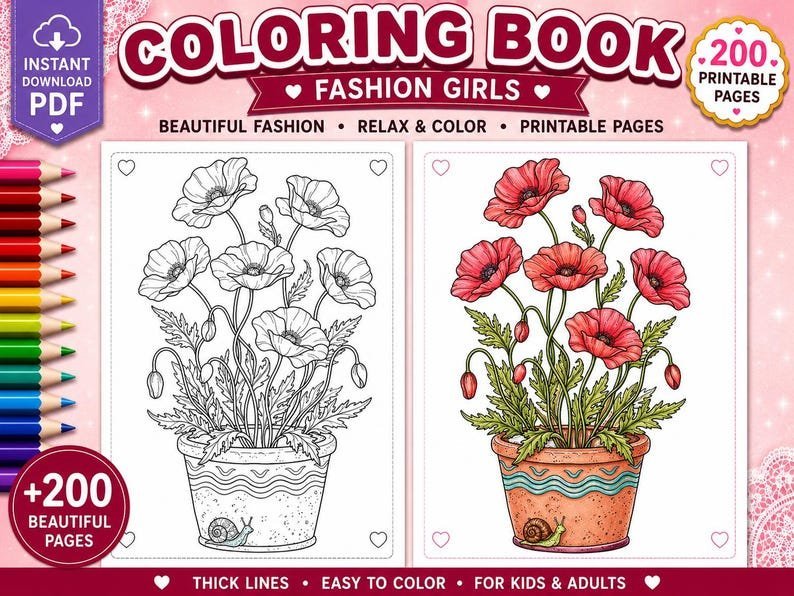 Botanical Coloring Book, 200 Potted Flower Coloring Pages, Floral Garden Coloring for Adults, Printable Coloring Pages PDF Download