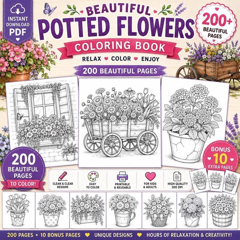 Botanical Coloring Book, 200 Potted Flower Coloring Pages, Floral Garden Coloring for Adults, Printable Coloring Pages PDF Download