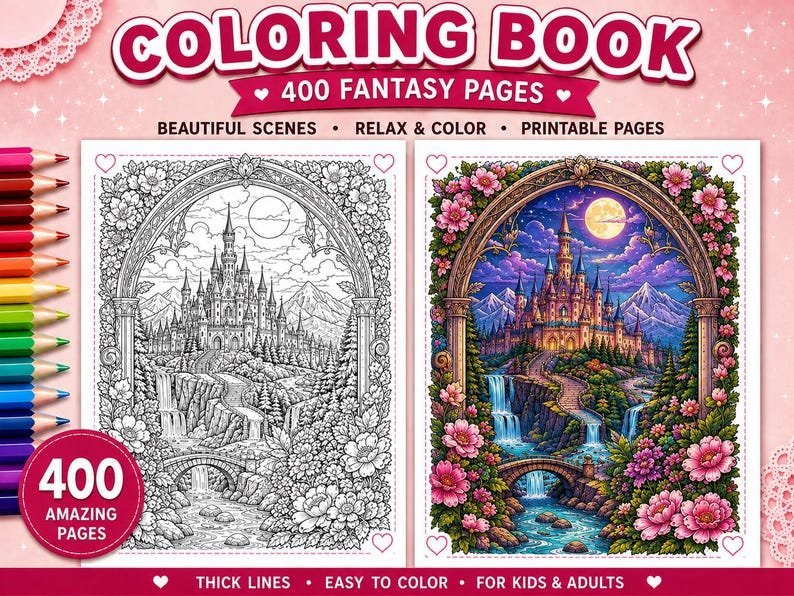 400 Stained Glass Coloring Pages, Fantasy Window Coloring Book, Gothic Art Nouveau Designs, Printable Adult Coloring Pages, Digital PDF