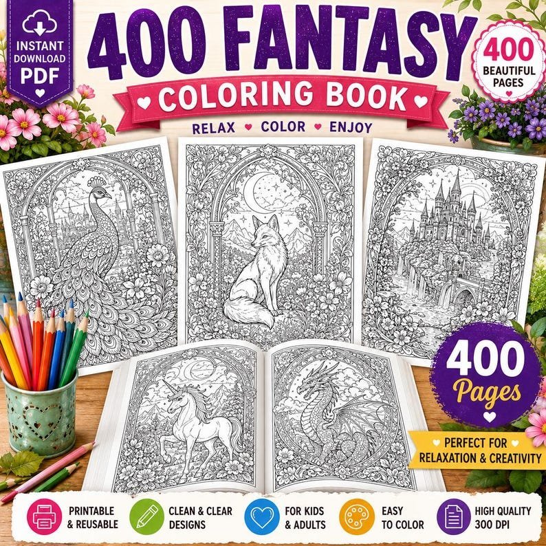 400 Stained Glass Coloring Pages, Fantasy Window Coloring Book, Gothic Art Nouveau Designs, Printable Adult Coloring Pages, Digital PDF