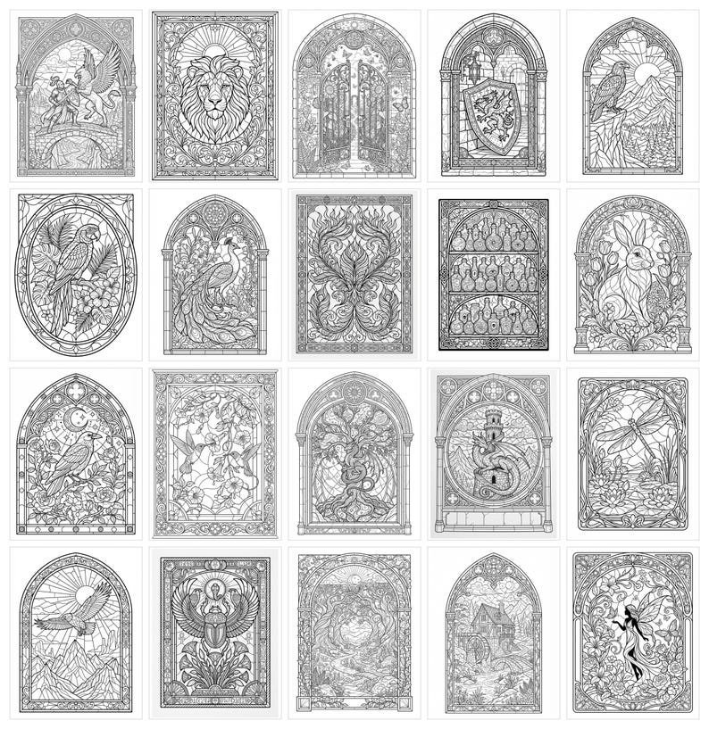 400 Stained Glass Coloring Pages, Fantasy Window Coloring Book, Gothic Art Nouveau Designs, Printable Adult Coloring Pages, Digital PDF