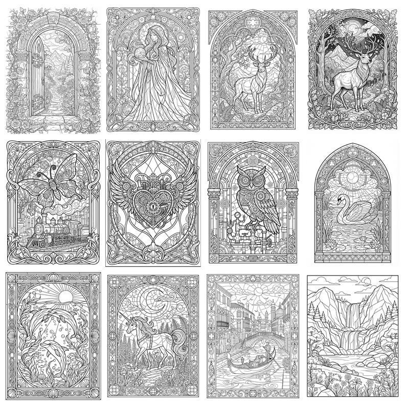 400 Stained Glass Coloring Pages, Fantasy Window Coloring Book, Gothic Art Nouveau Designs, Printable Adult Coloring Pages, Digital PDF