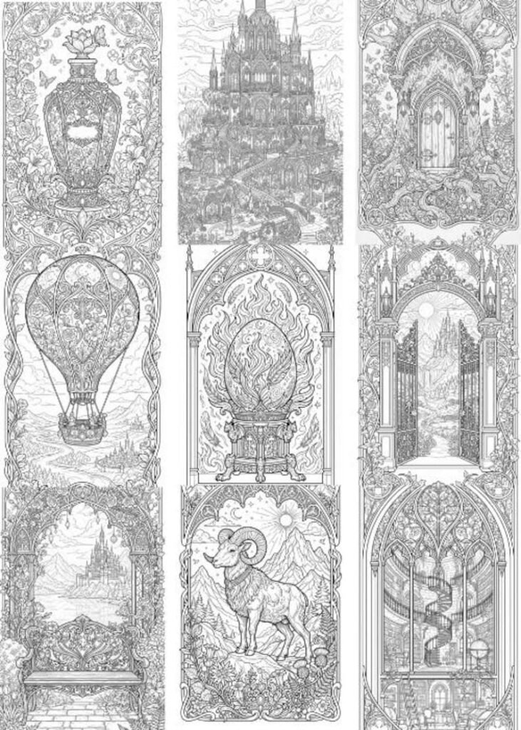Stained Glass Coloring Book, Fantasy Window Coloring Pages, Gothic & Art Nouveau Designs, Printable PDF for Adults