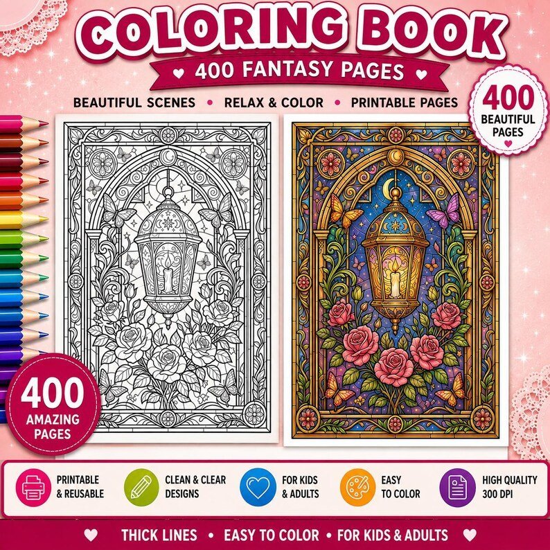 Stained Glass Coloring Book, Fantasy Window Coloring Pages, Gothic & Art Nouveau Designs, Printable PDF for Adults