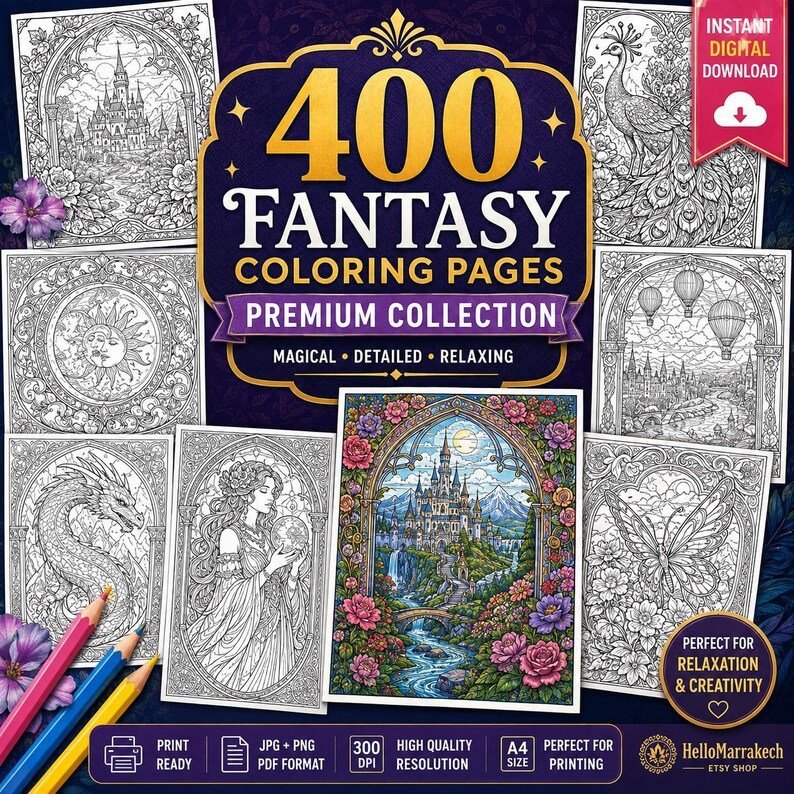 Stained Glass Coloring Book, Fantasy Window Coloring Pages, Gothic & Art Nouveau Designs, Printable PDF for Adults