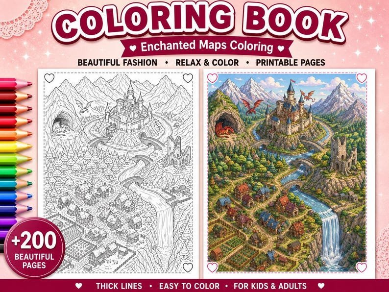 200 Map Coloring Pages, Printable Fantasy Maps, Adventure Coloring Book, Magical Kingdom Maps, Adult Coloring, (PDF Download)