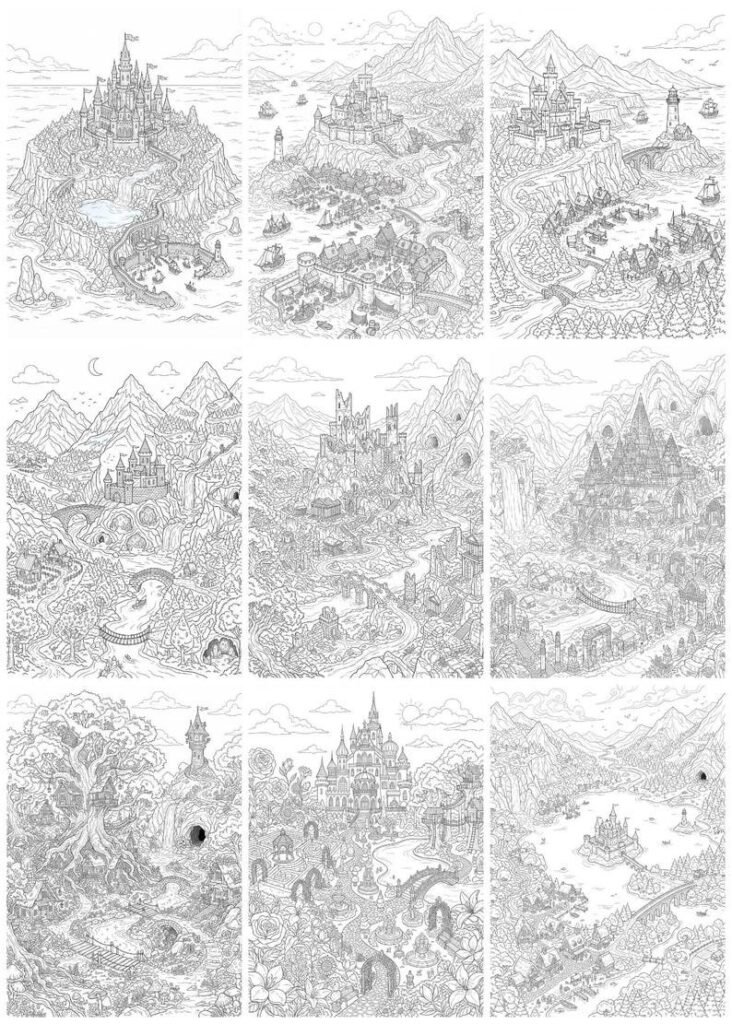 200 Map Coloring Pages, Printable Fantasy Maps, Adventure Coloring Book, Magical Kingdom Maps, Adult Coloring, (PDF Download)