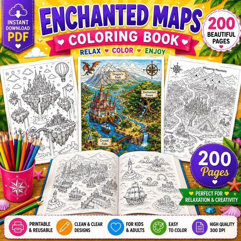 200 Enchanted Maps Coloring Pages, Magical Map Coloring Book, Printable Adventure Maps, Mystical Worlds, Adult Coloring, Digital Download