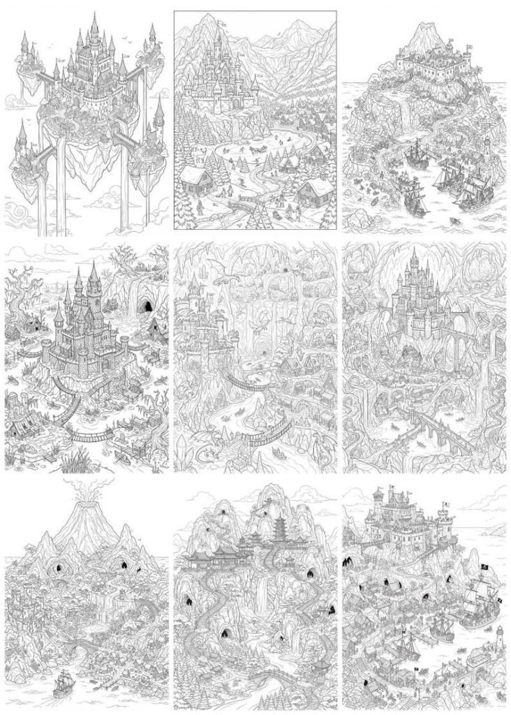 200 Enchanted Maps Coloring Pages, Magical Map Coloring Book, Printable Adventure Maps, Mystical Worlds, Adult Coloring, Digital Download
