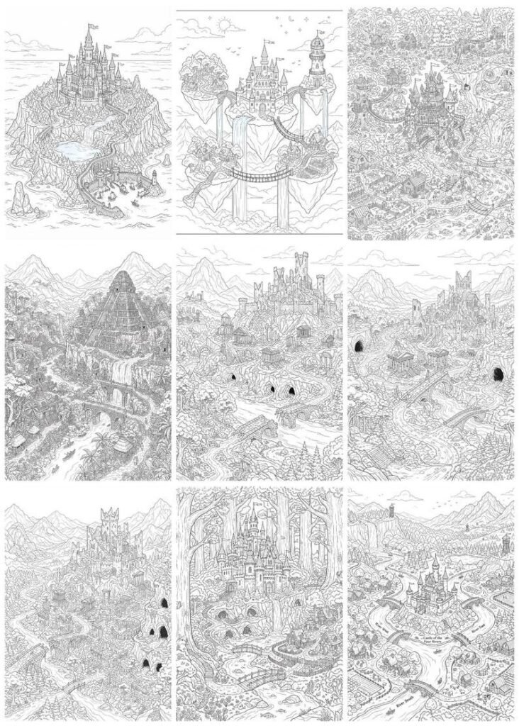 200 Enchanted Maps Coloring Pages, Magical Map Coloring Book, Printable Adventure Maps, Mystical Worlds, Adult Coloring, Digital Download