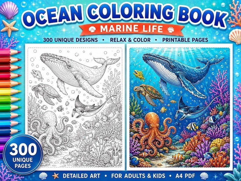300 Ocean Coloring Pages for Adults & Kids, Sea Creatures Marine Life Coloring Book, Under the Sea Printable A4 PDF, Instant Download