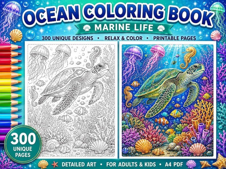 300 Ocean Coloring Pages for Adults & Kids, Sea Creatures Marine Life Coloring Book, Under the Sea Printable A4 PDF, Instant Download