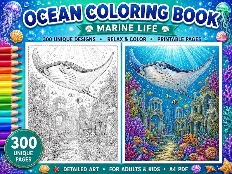 300 Ocean Coloring Pages for Adults & Kids, Sea Creatures Marine Life Coloring Book, Under the Sea Printable A4 PDF, Instant Download