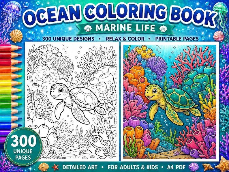 300 Ocean Coloring Pages for Adults & Kids, Sea Creatures Marine Life Coloring Book, Under the Sea Printable A4 PDF, Instant Download