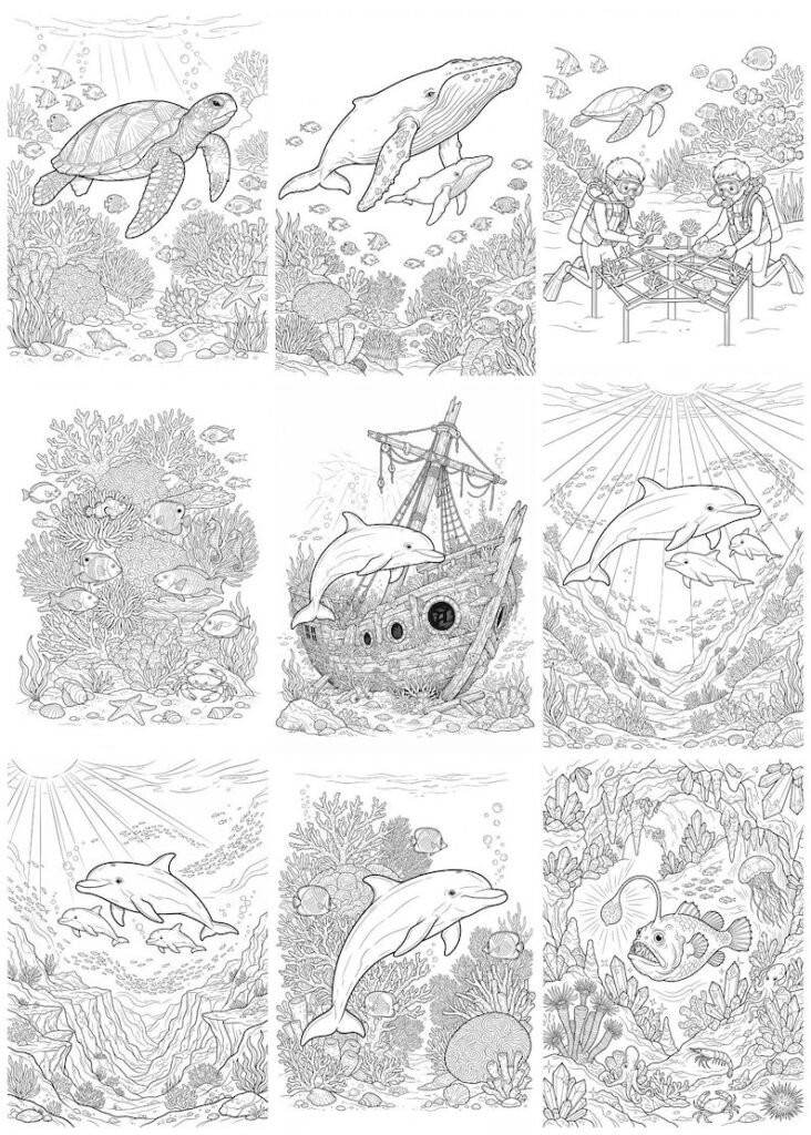 300 Ocean Coloring Pages for Adults & Kids, Sea Creatures Marine Life Coloring Book, Under the Sea Printable A4 PDF, Instant Download