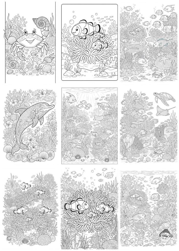 300 Ocean Coloring Pages for Adults & Kids, Sea Creatures Marine Life Coloring Book, Under the Sea Printable A4 PDF, Instant Download