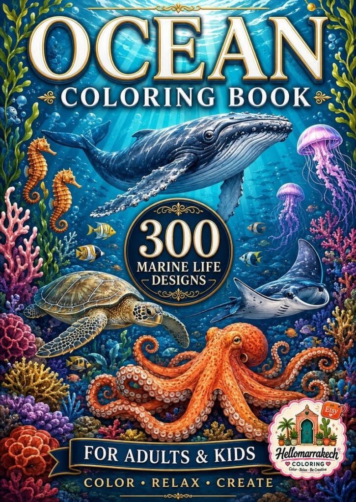 300 Under the Sea Coloring Pages Bundle, Ocean Animals & Marine Life Coloring Book for Adults and Kids, Printable A4 PDF Download