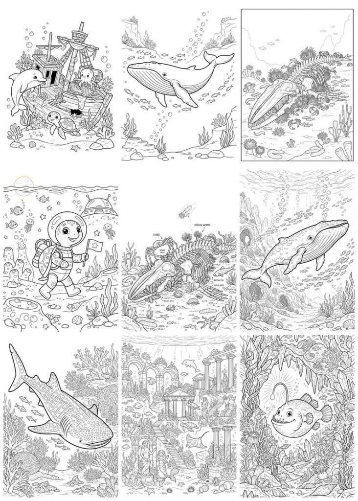 300 Under the Sea Coloring Pages Bundle, Ocean Animals & Marine Life Coloring Book for Adults and Kids, Printable A4 PDF Download