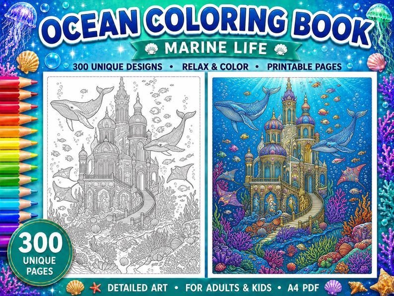 300 Ocean Coloring Pages, Adult Coloring Book, Sea Creatures, Marine Life, Stress Relief Coloring Sheets, Printable PDF Digital Download