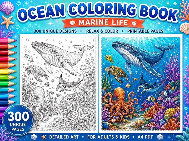 300 Ocean Coloring Pages, Adult Coloring Book, Sea Creatures, Marine Life, Stress Relief Coloring Sheets, Printable PDF Digital Download