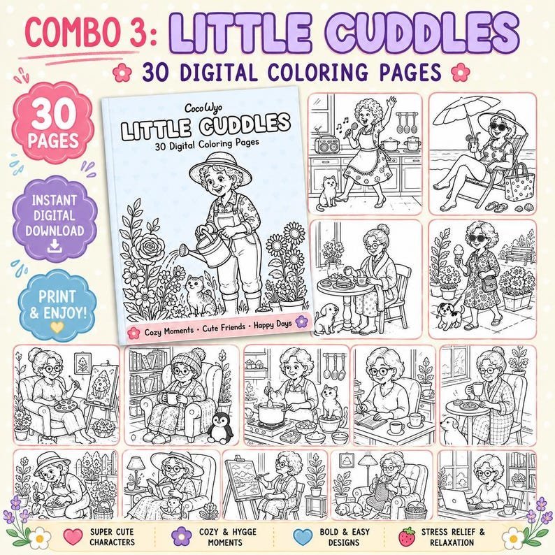 Coloring Book for Adults | Fun Older Women Coloring Pages | Whimsical Cozy Coloring | Stress Relief Printable PDF