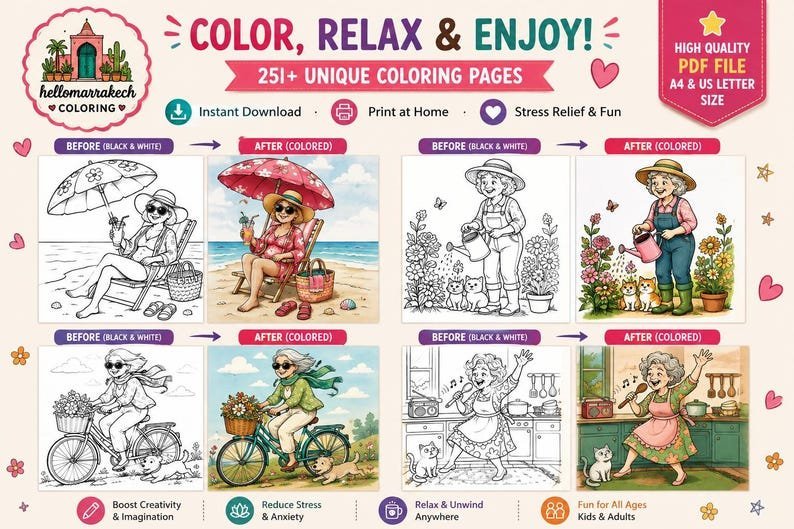 Coloring Book for Adults | Fun Older Women Coloring Pages | Whimsical Cozy Coloring | Stress Relief Printable PDF
