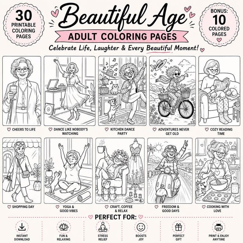Coloring Book for Adults | Fun Older Women Coloring Pages | Whimsical Cozy Coloring | Stress Relief Printable PDF