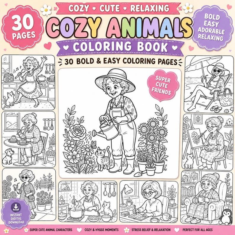 Adult Coloring Pages | Relaxing Coloring Book for Women | Whimsical Cozy Coloring Pages | Stress Relief Printable PDF