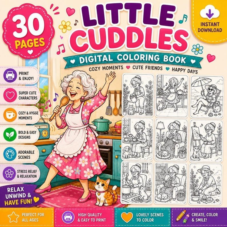 Coloring Book for Adults | Fun Older Women Coloring Pages | Whimsical Cozy Coloring | Stress Relief Printable PDF