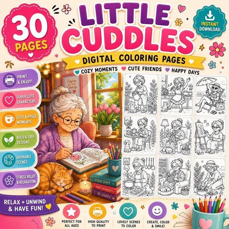 Coloring Book for Adults | Fun Older Women Coloring Pages | Whimsical Cozy Coloring | Stress Relief Printable PDF