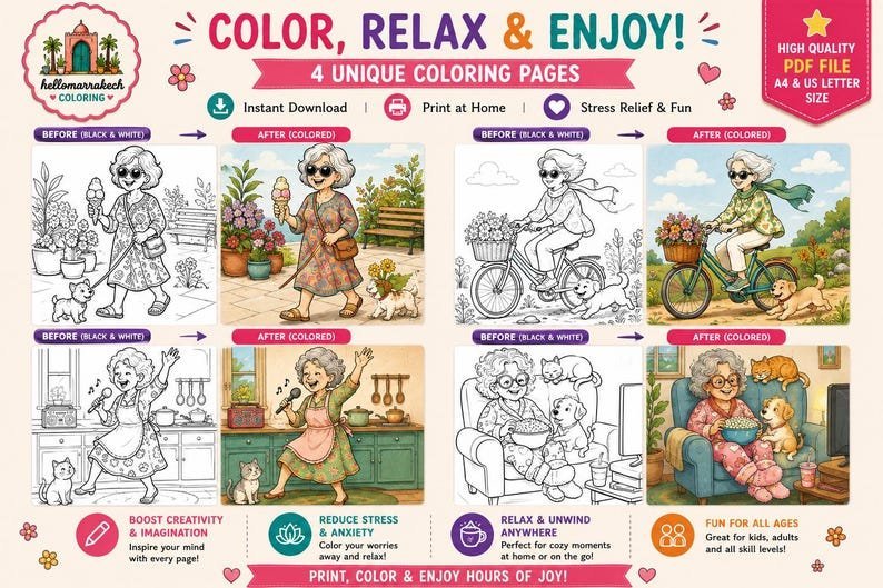 Whimsical Coloring Book for Adults Cozy Older Women Coloring Pages Relaxing Stress Relief Coloring Printable PDF
