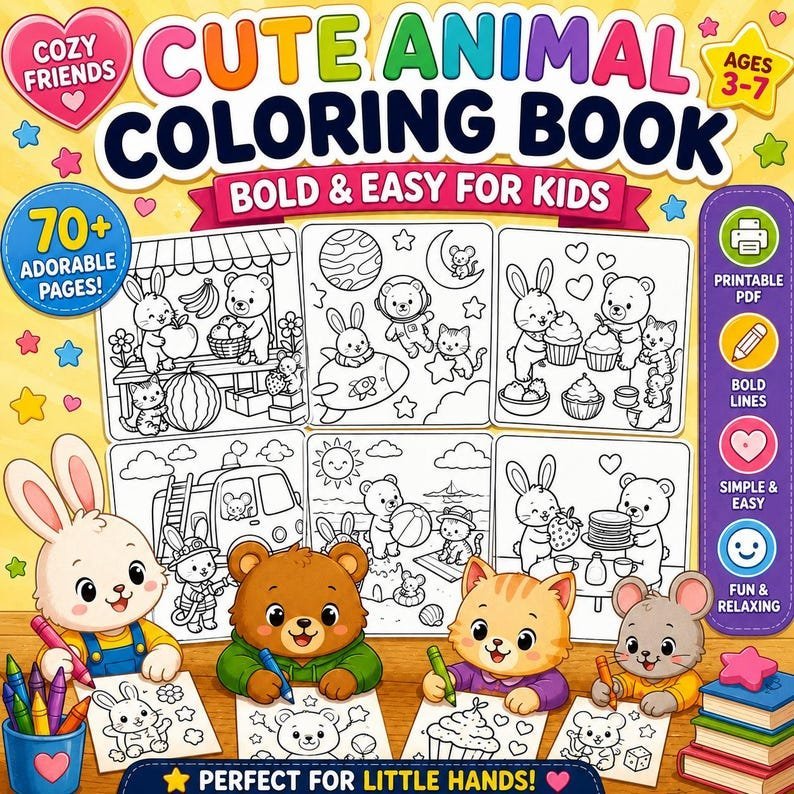 Cute Animal Coloring Book for Kids, Cozy Friends Bold and Easy Printable Coloring Pages
