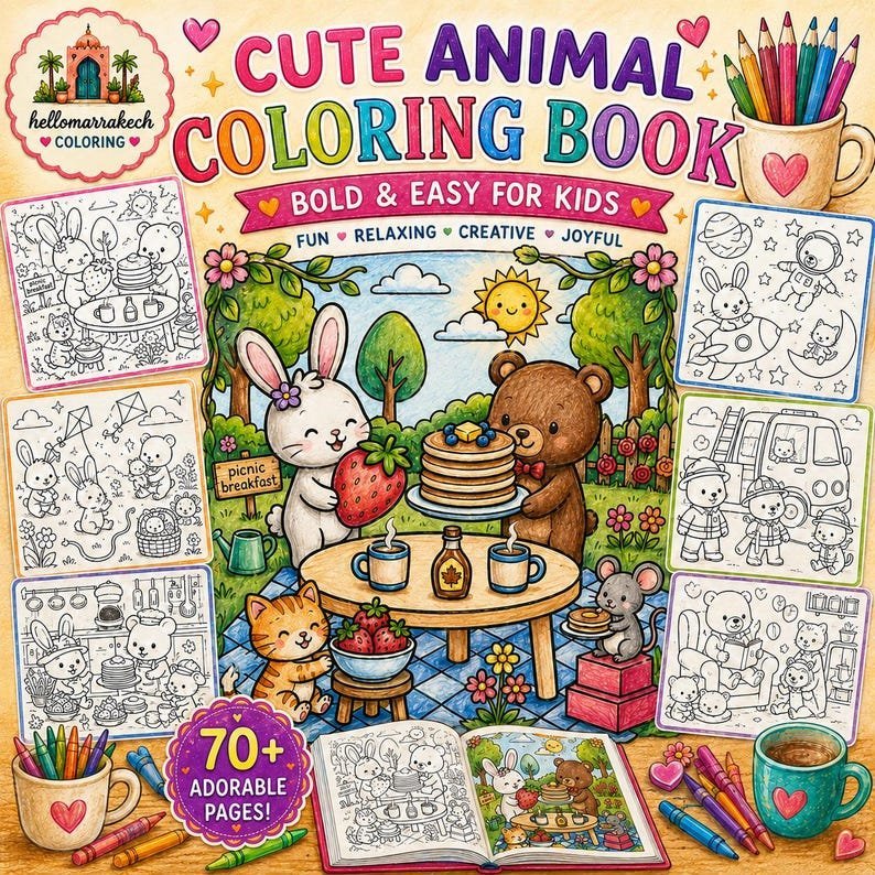 Bold and Easy Coloring Book for Kids, Cute Animal Friends Printable Coloring Pages