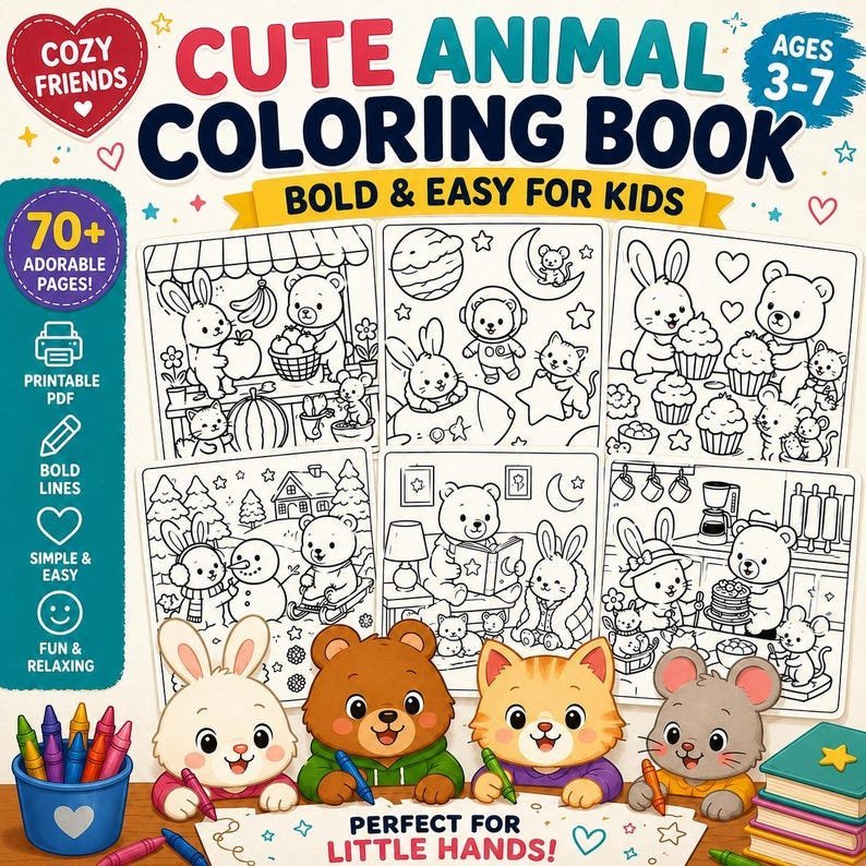 Little Cuddles Coloring Book | Cute Cozy Animal Hugs Printable Pages | Bold and Easy Adult & Kids Coloring | Digital PDF Instant Download