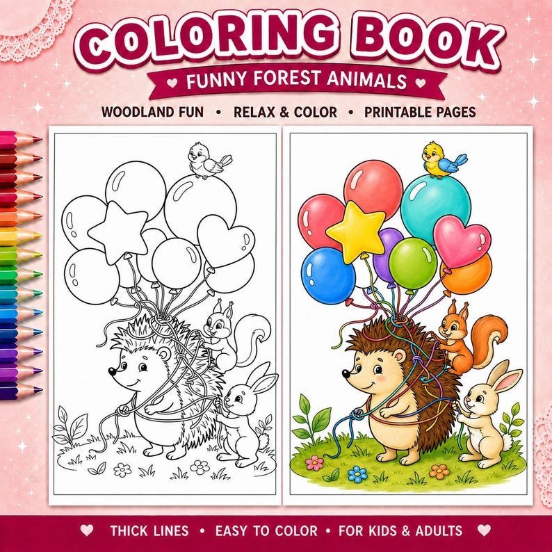 50 Funny Forest Animals Coloring Pages for Kids Ages 8, Cute Woodland Creatures Printable Coloring Book, Kids Activity Sheets
