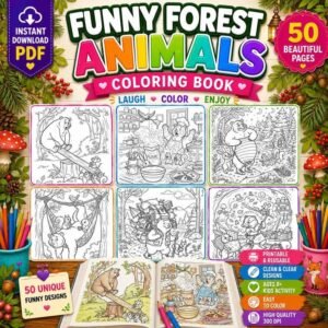 50 Funny Forest Animals Coloring Pages for Kids Ages 8, Cute Woodland Creatures Printable Coloring Book, Kids Activity Sheets