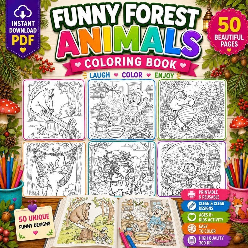 50 Funny Forest Animals Coloring Pages for Kids Ages 8, Cute Woodland Creatures Printable Coloring Book, Kids Activity Sheets