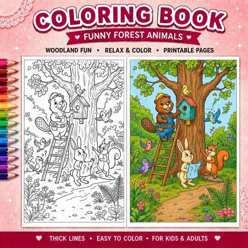 100 Forest Friends Coloring Pages for Kids, Cute Woodland Creatures Coloring Book, Printable Animal Coloring Sheets, Kids Activity