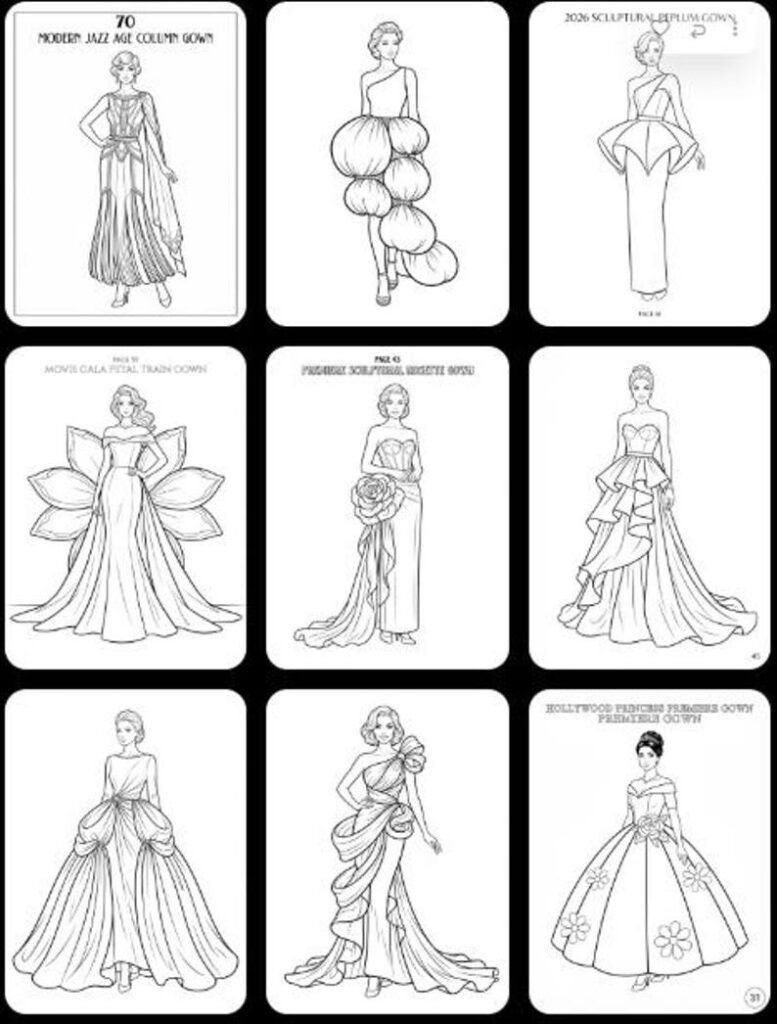 Dress Coloring Pages, Fashion Coloring Book 200+ Printable Gowns & Couture Designs, Adults Teens, Grayscale PDF Instant Download