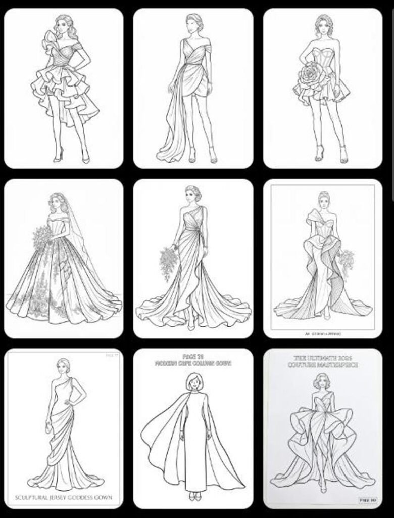 Dress Coloring Pages, Fashion Coloring Book 200+ Printable Gowns & Couture Designs, Adults Teens, Grayscale PDF Instant Download