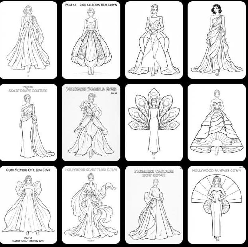 Dress Coloring Pages, Fashion Coloring Book 200+ Printable Gowns & Couture Designs, Adults Teens, Grayscale PDF Instant Download