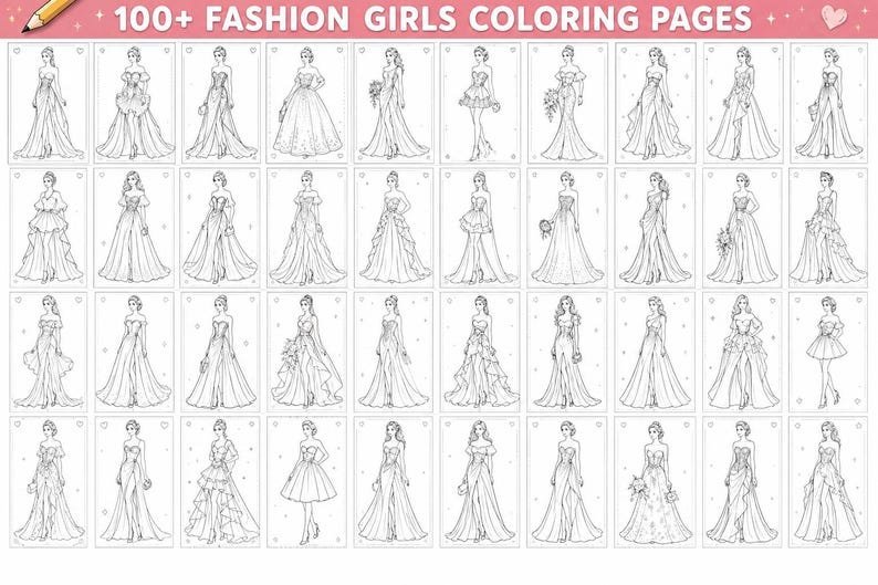 Dress Coloring Pages, Fashion Coloring Book 200+ Printable Gowns & Couture Designs, Adults Teens, Grayscale PDF Instant Download