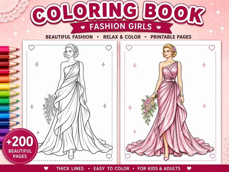 200+ Fashion Coloring Pages, Fashion Coloring Book for Adults & Teens, Elegant Dress Gown Coloring Pages, Printable PDF Download