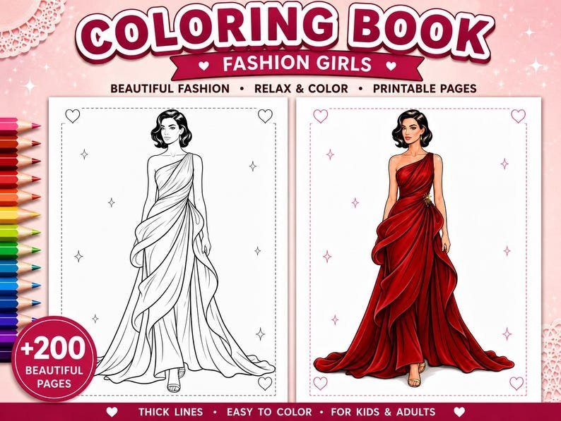Dress Coloring Pages, Fashion Coloring Book 200+ Printable Gowns & Couture Designs, Adults Teens, Grayscale PDF Instant Download